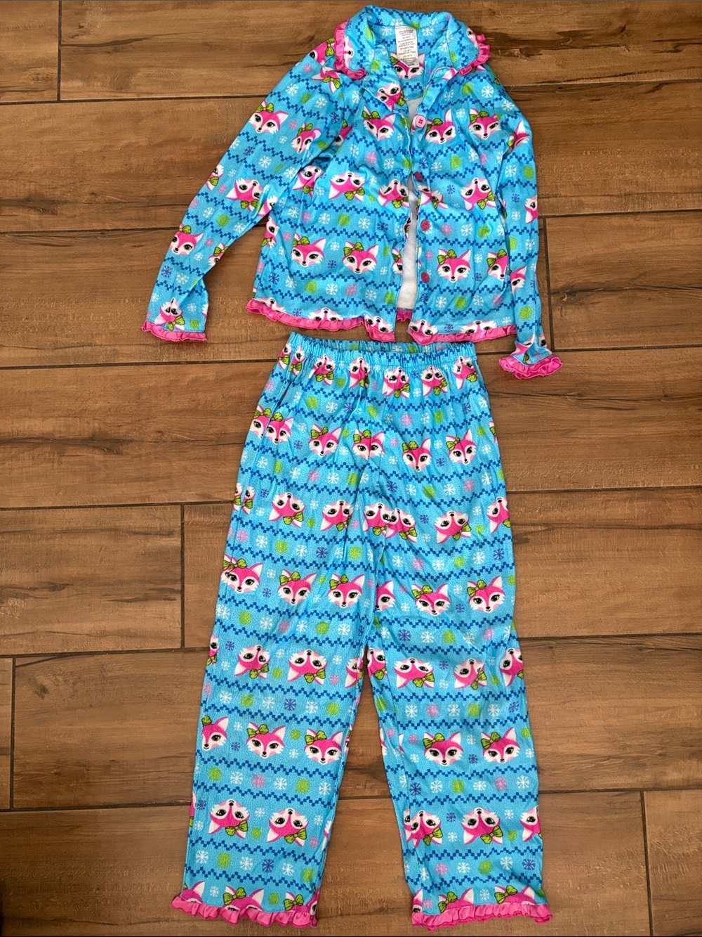 Girls Blue Fox Print Pajama Set with Pink Ruffle Trim Girls 10/12.